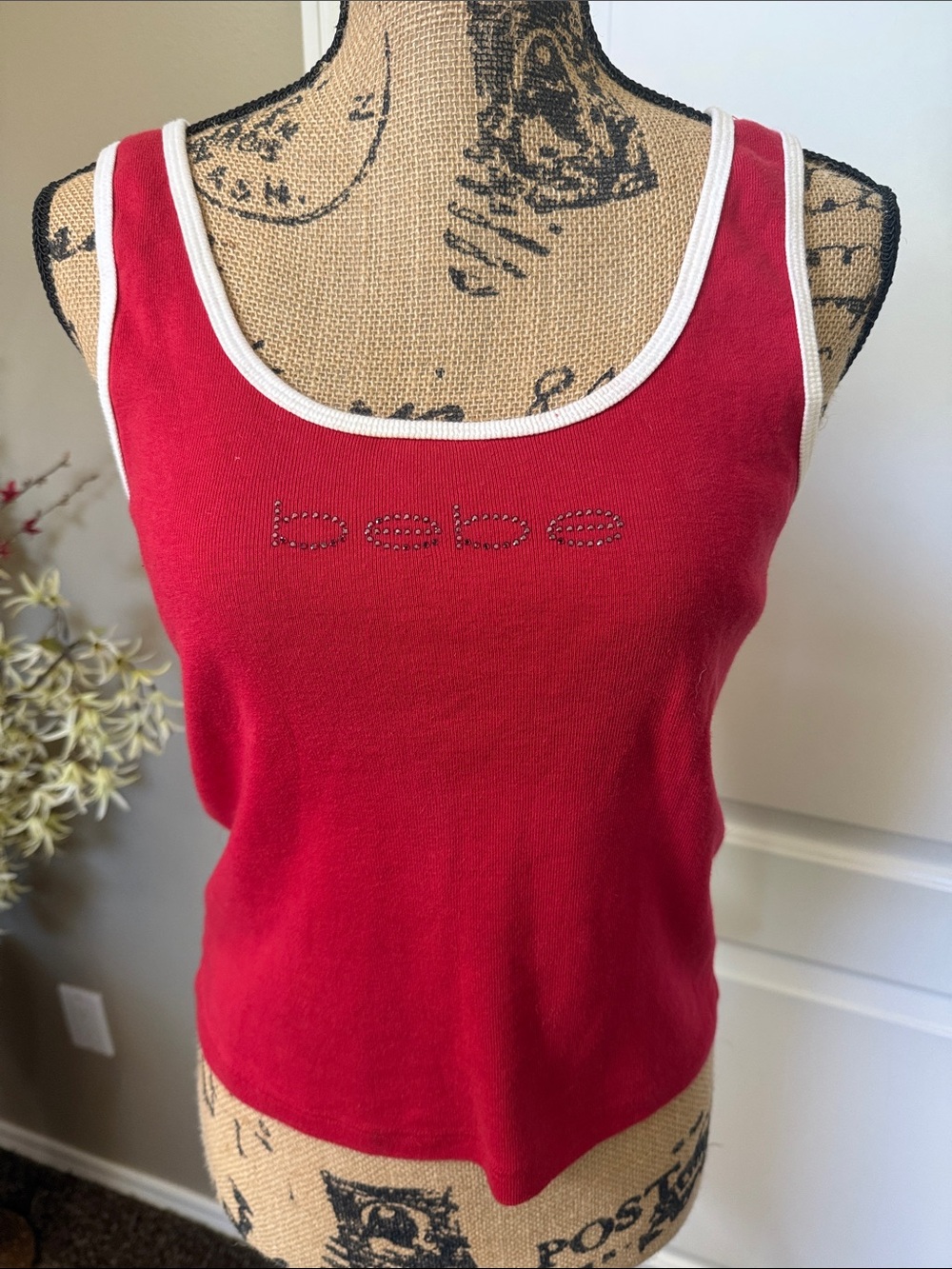 bebe Red Tank with White Trim and Rhinestone Logo